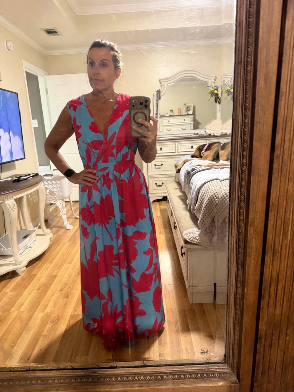 Sleeveless V-Neck Floral Maxi Dress in Turquoise & Fuchsia